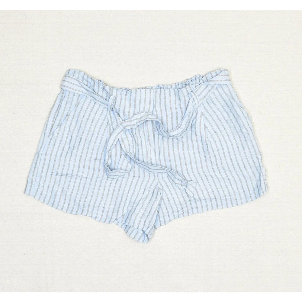 NEW Loft Women Striped Linen Blue Size XL Pockets Chino Shorts Belted
